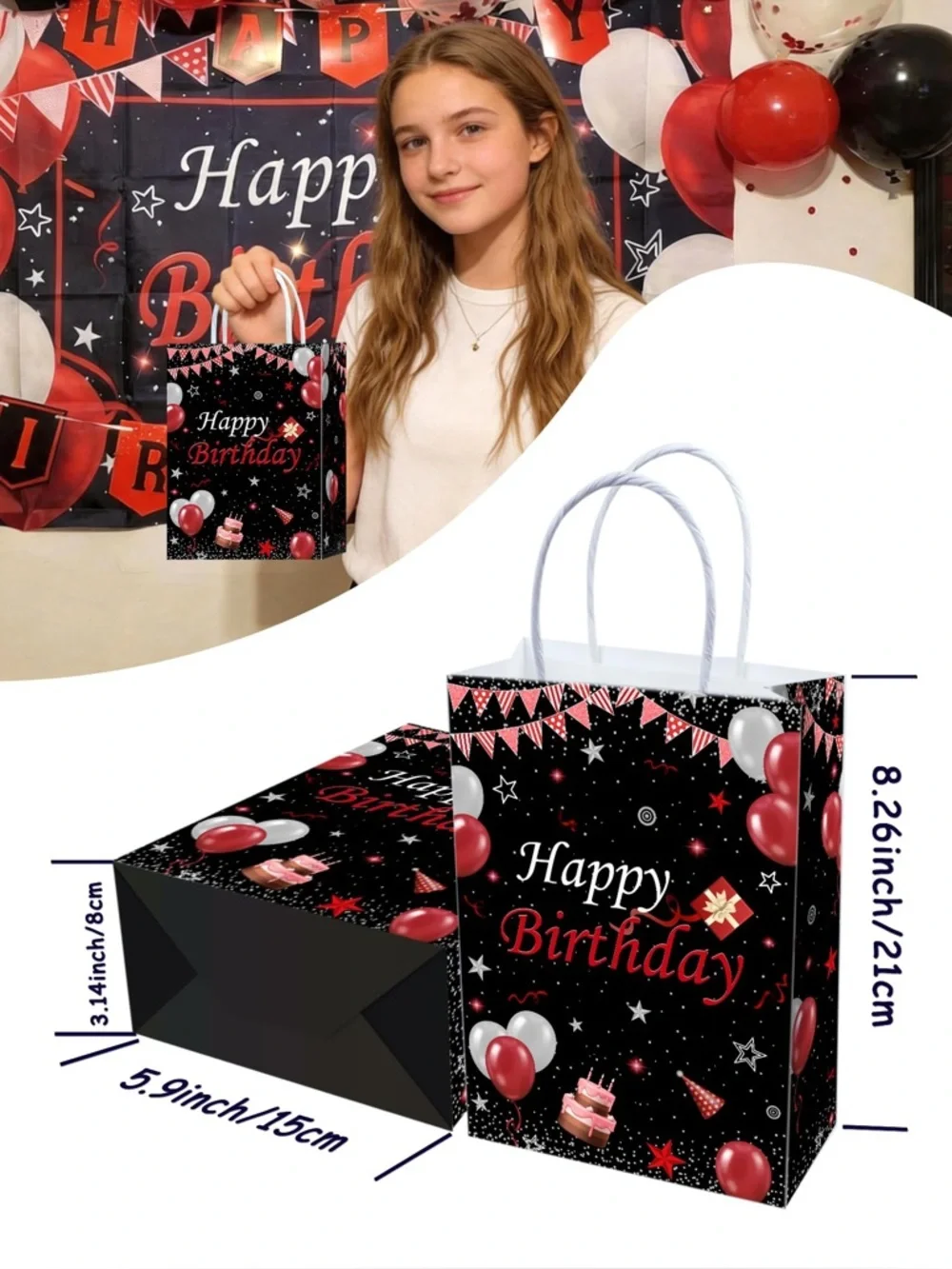Happy Birthday Gift Bags - Black with Red & Silver Balloons